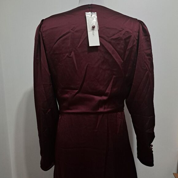 Calvin Klien Satin Puff Sleeve High Low Ruffled Hem Holiday Burgundy S 12 NWT - Picture 13 of 17